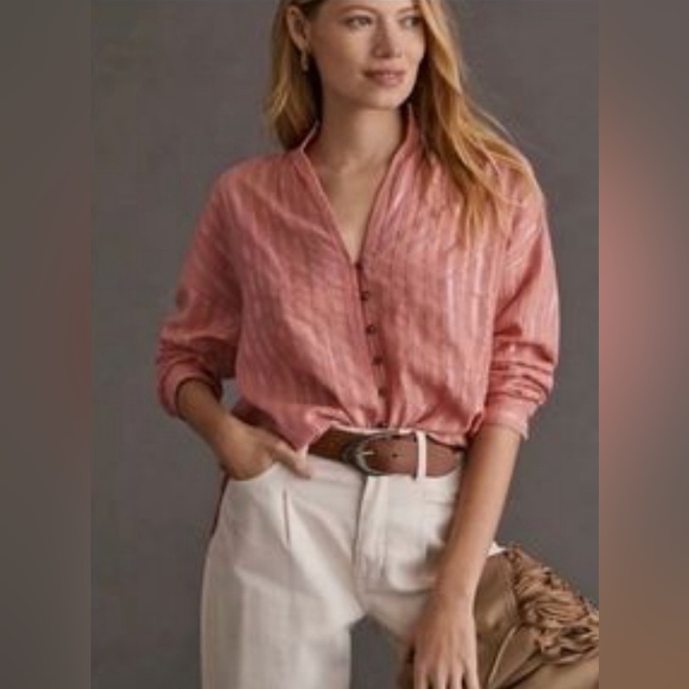 PILCRO Anthro Pink Tavi Metallic Strip Boho Cottagecore Button Down Size‎ S